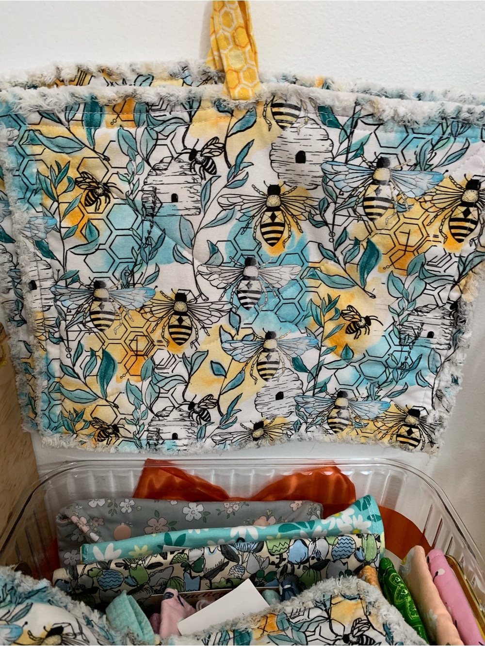 PatBen Decor , set of 2 HandmadeBee Pattern Hanging hot plate pads Yellow & Teal